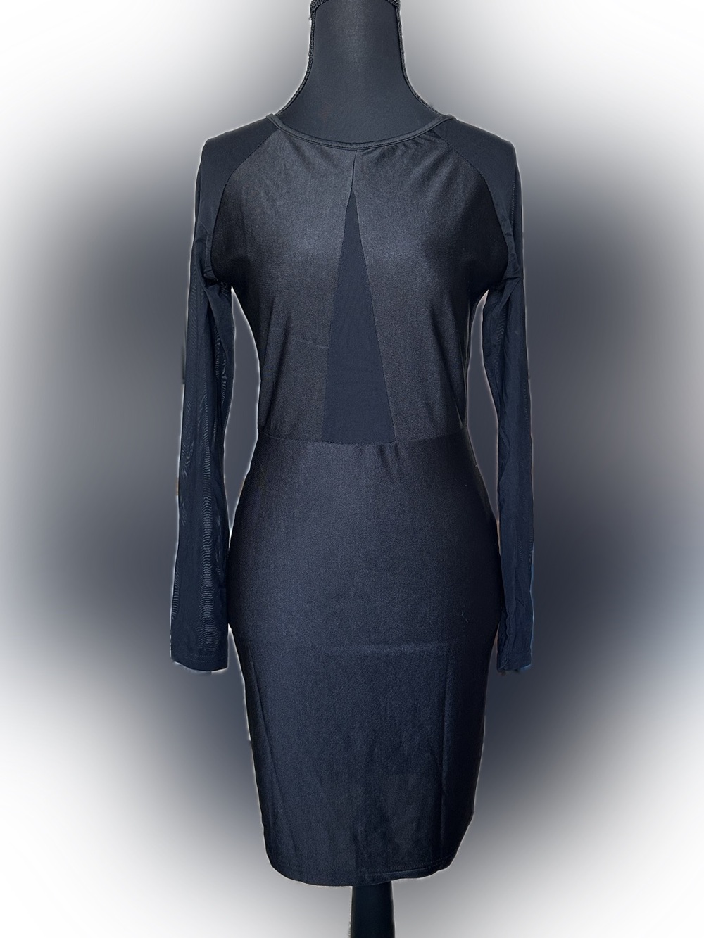 Black Midi Dress - Sheer Panel Sleeves and V Chest Gusset- SMALL